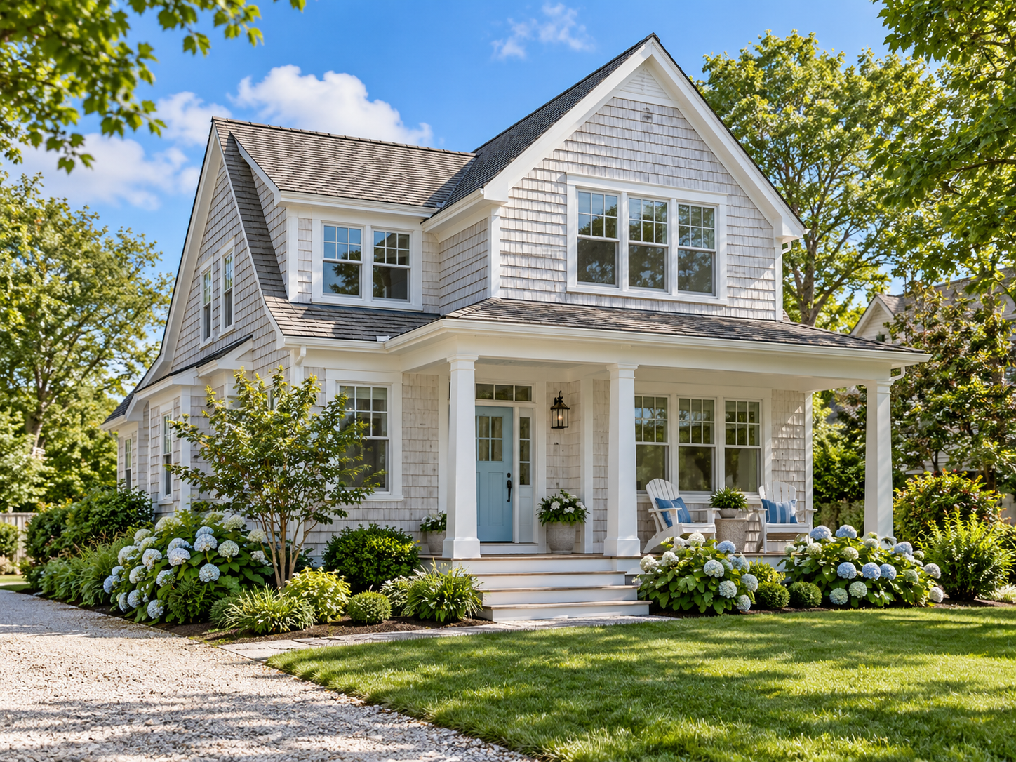 AI-generated coastal-style home inspired by Rehoboth Beach, with white shingle siding, a blue front door, and a welcoming porch